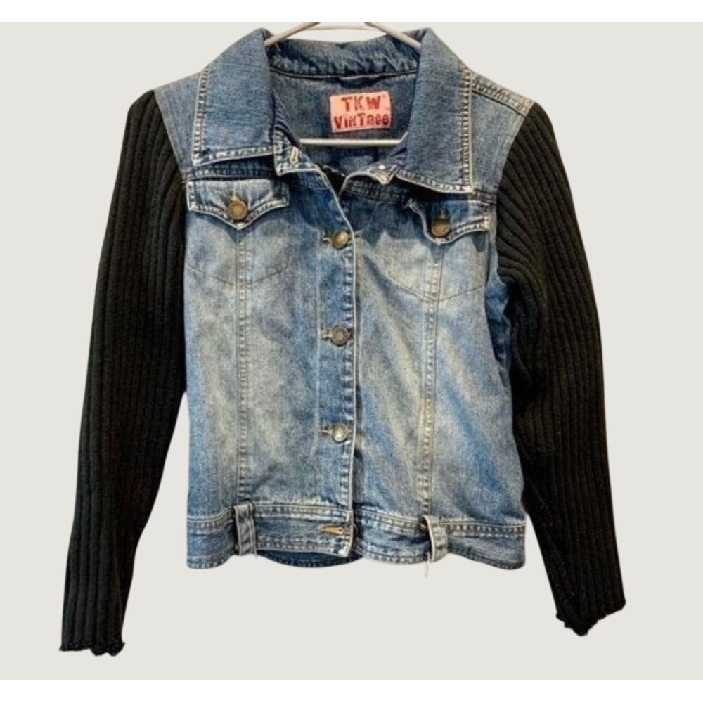 TKW Vintage Womens‎ Denim Jacket Medium Wash Mixed Media Knit Sleeves Back Blue
